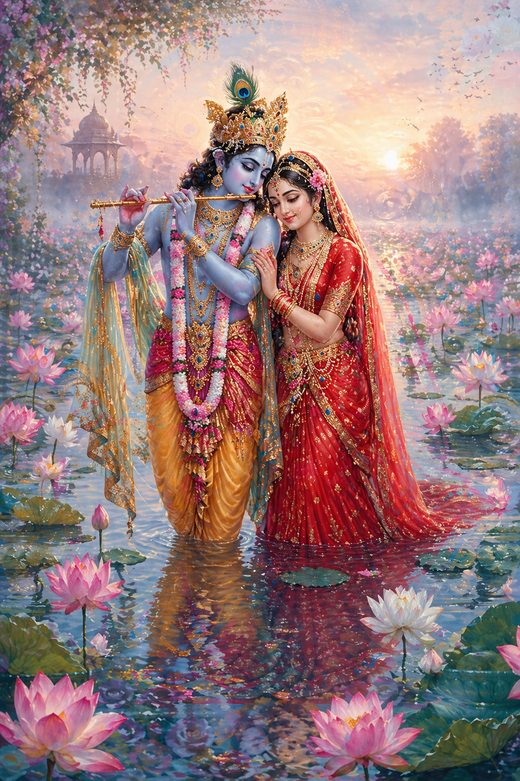 Radha and Krishna in misty lotus pond with watercolor-like ethereal quality and soft dawn light — HD wallpaper